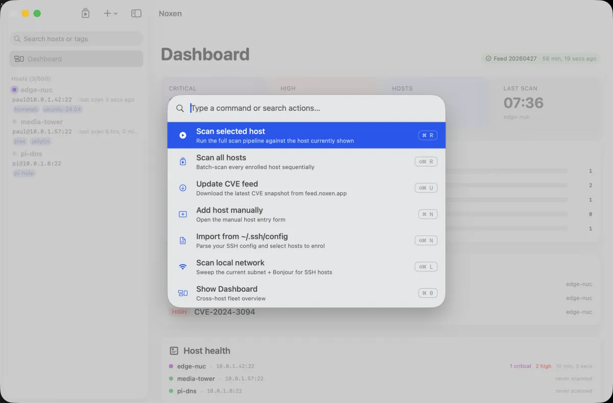 Noxen command palette showing fuzzy-search results for actions like Scan all, Add host, Open Settings, Toggle dark mode, Reload custom checks.