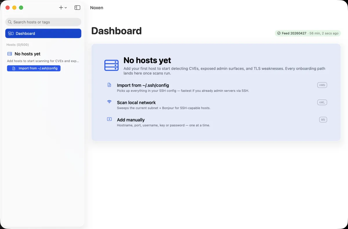 Noxen Hosts sidebar showing an empty state with a 'No hosts yet — add hosts to start scanning for CVEs and exposures' message and the + menu in the toolbar.