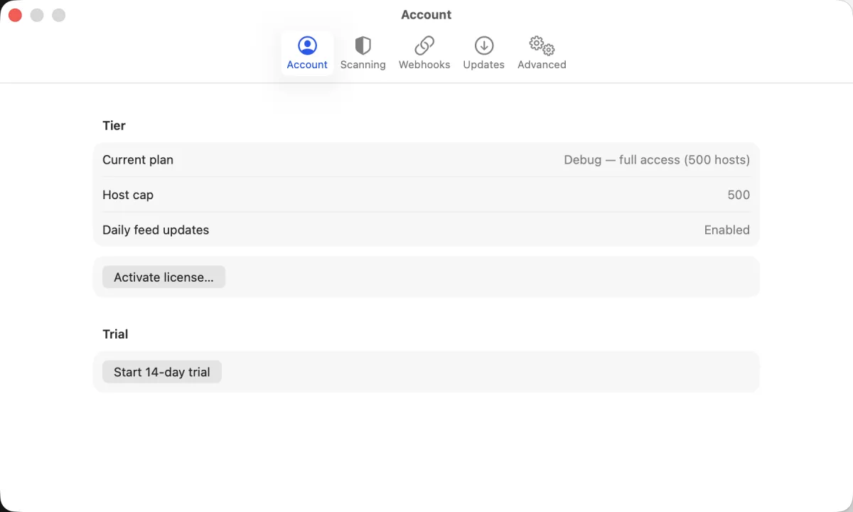Noxen Settings → Account pane showing license entitlements, host cap, and the manual key-paste field for license activation.