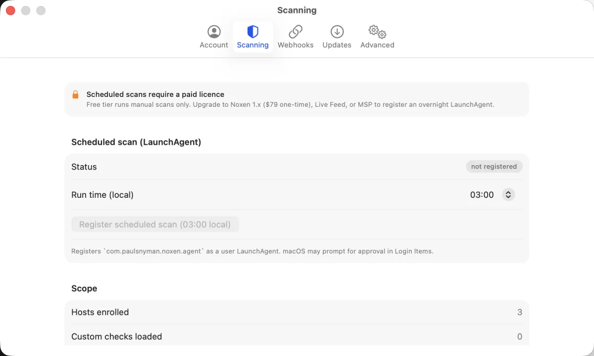 Noxen Settings → Scanning pane with toggles for scheduled scans, run-on-AC-power-only, and the time-of-day picker set to 03:00.