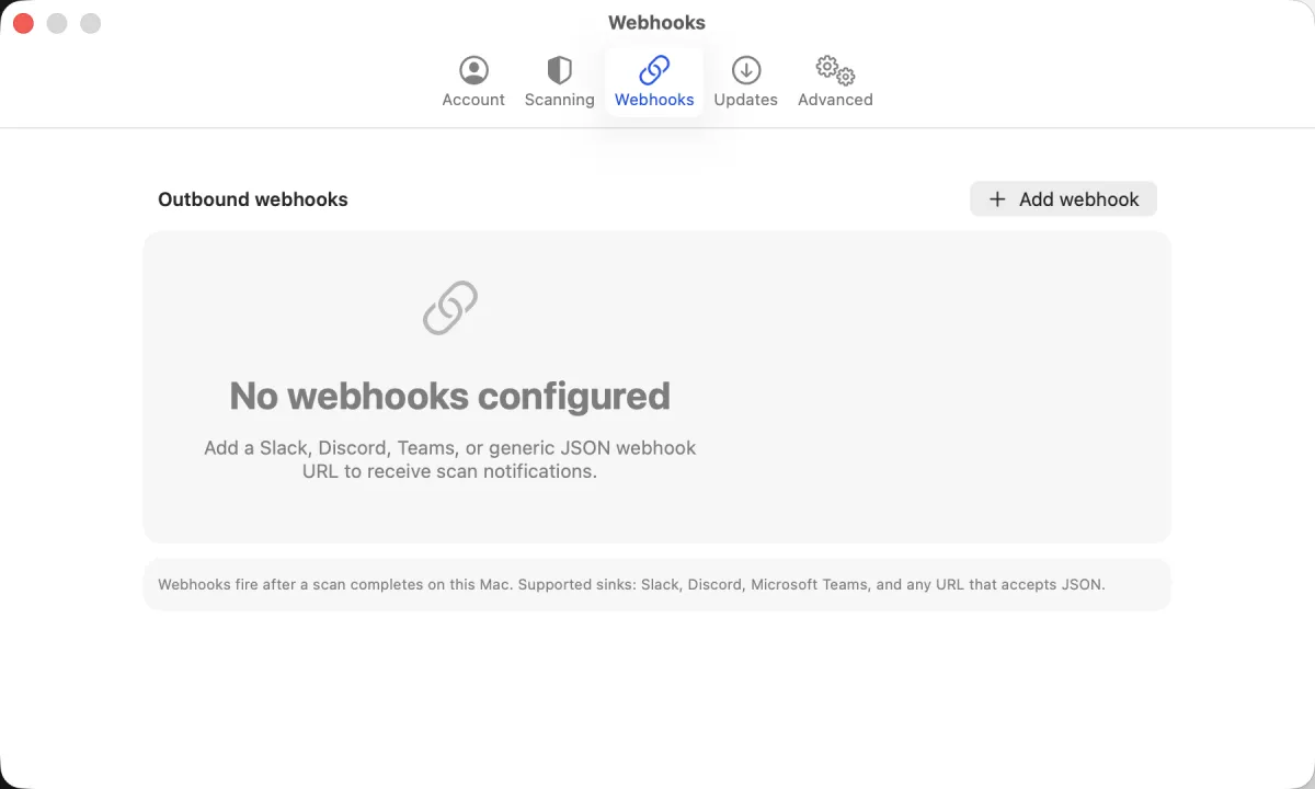 Noxen Settings → Webhooks pane showing existing webhook entries with sink type, URL, minimum severity filter, and the Add webhook button.