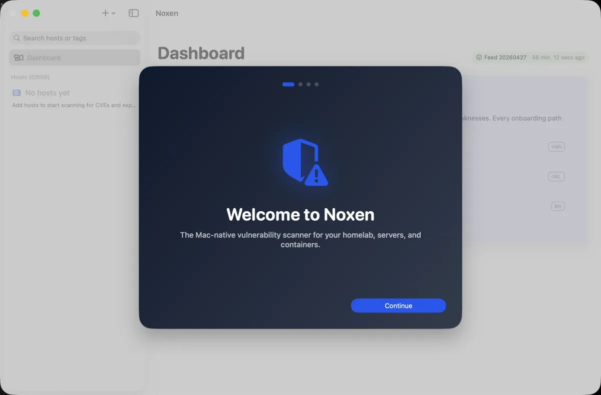 Noxen welcome sheet on first launch — four pages explaining scanning, with opt-in toggles for the CVE feed download and SSH config import.